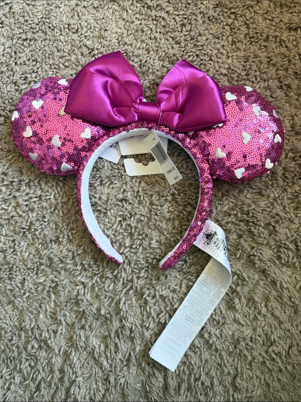 Pink Sequin Minnie Ear Headband with White Heart Pattern and Satin Bow